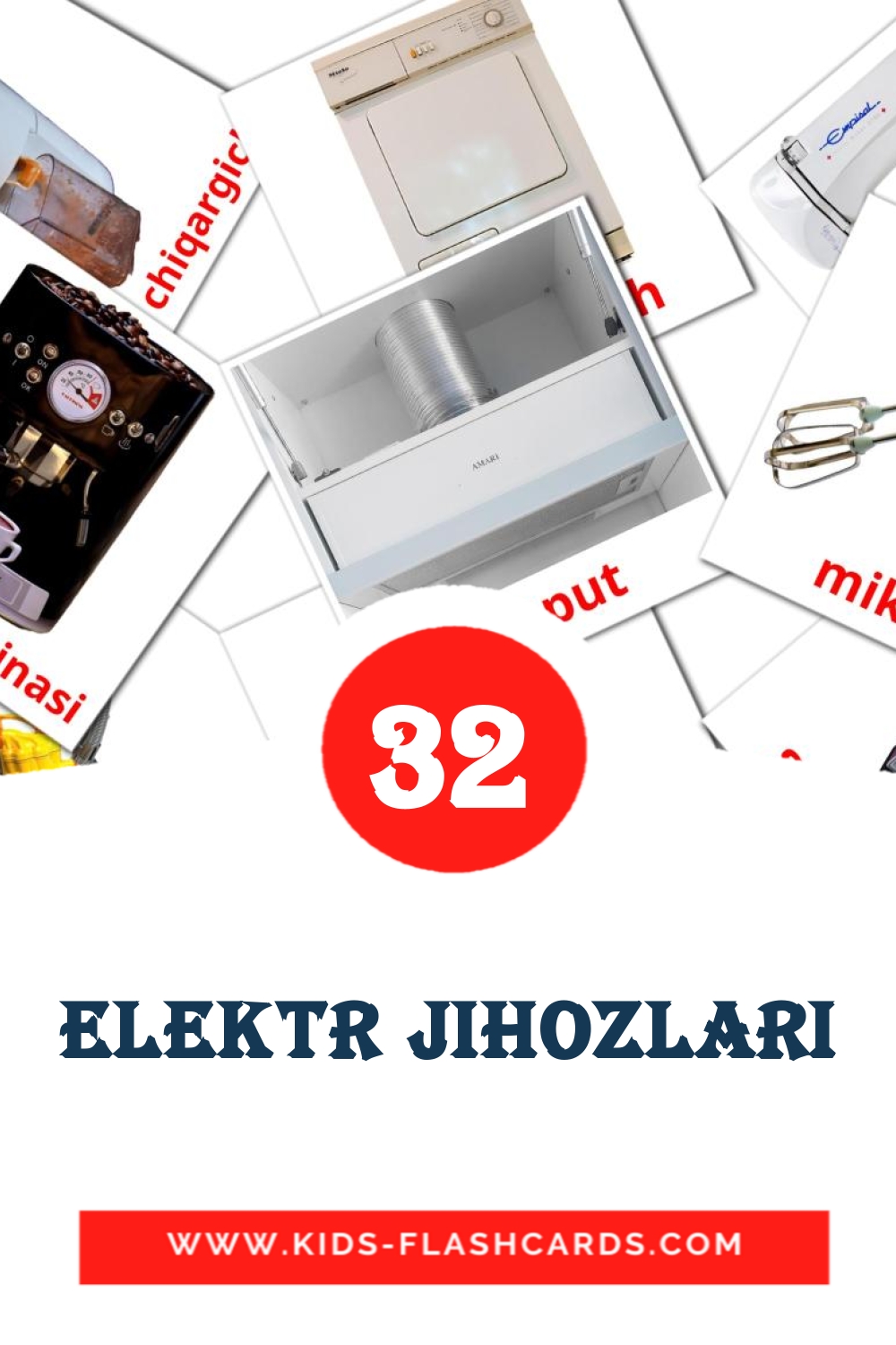 32 cartes illustrées de Elektr jihozlari pour la maternelle en ouzbek