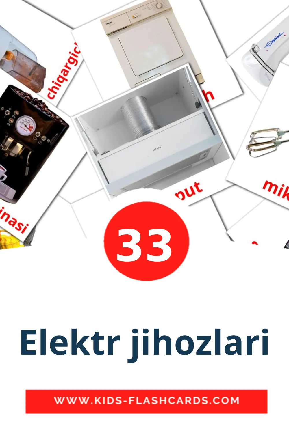 33 carte illustrate di Elektr jihozlari per la scuola materna in uzbek