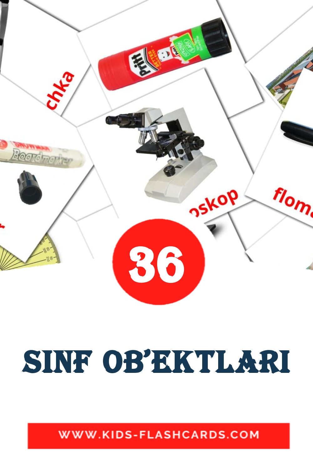 36 cartes illustrées de Sinf ob'ektlari pour la maternelle en ouzbek
