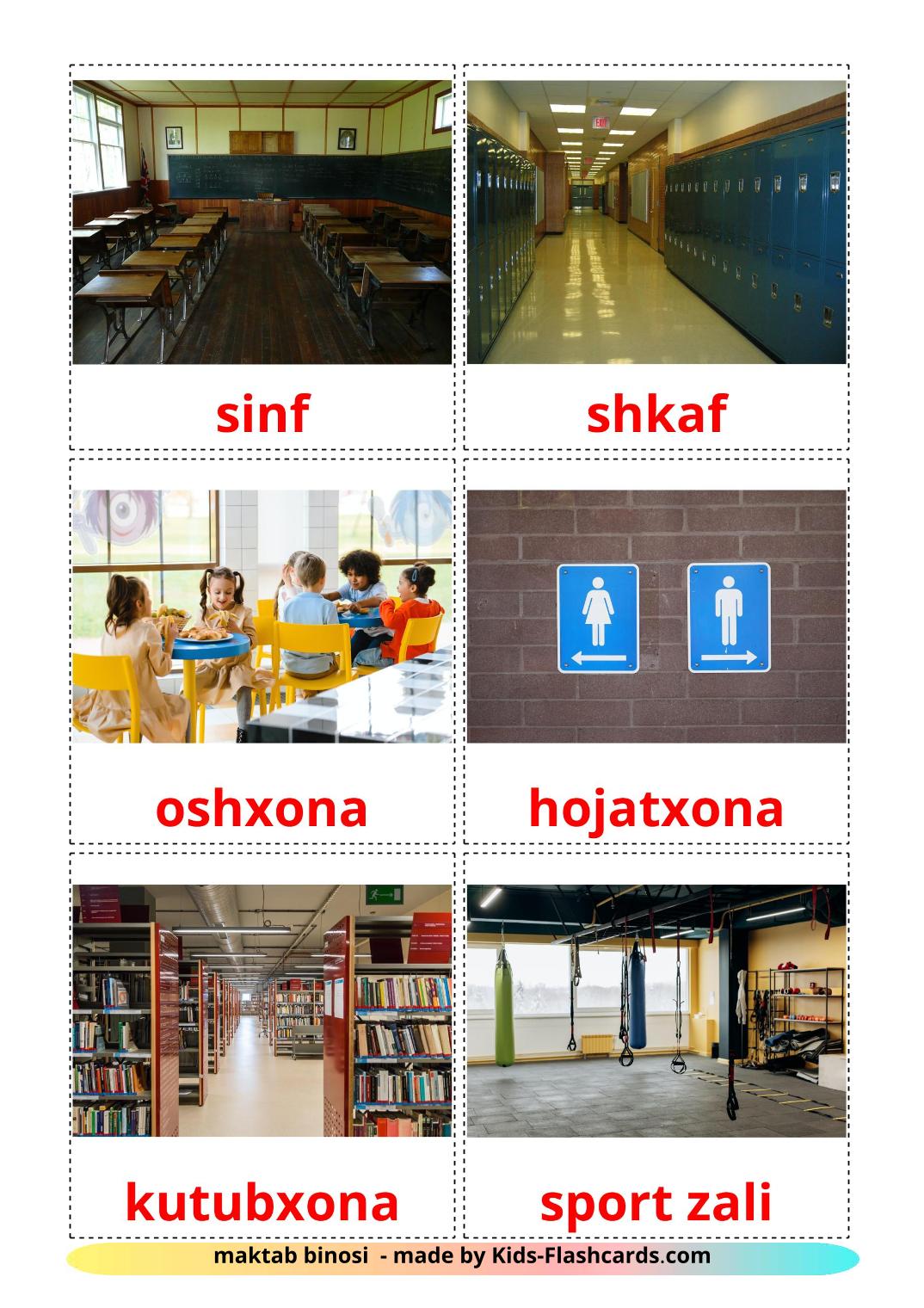Edificio scolastico - 17 flashcards uzbek stampabili gratuitamente