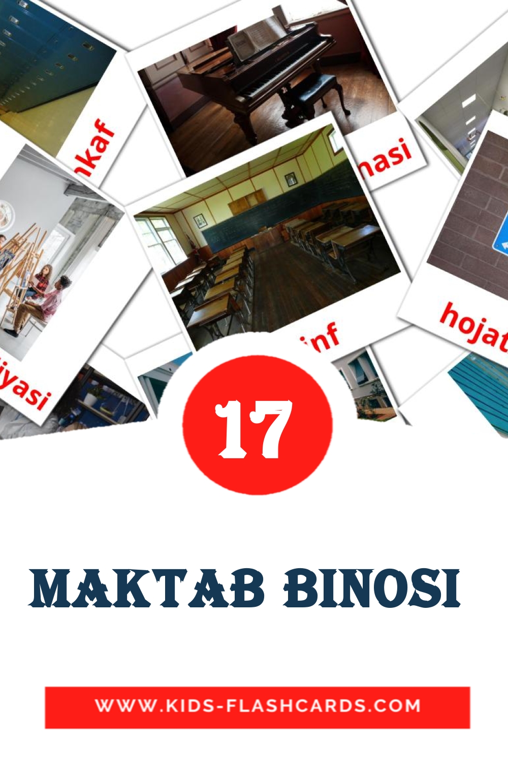 17 carte illustrate di maktab binosi  per la scuola materna in uzbek