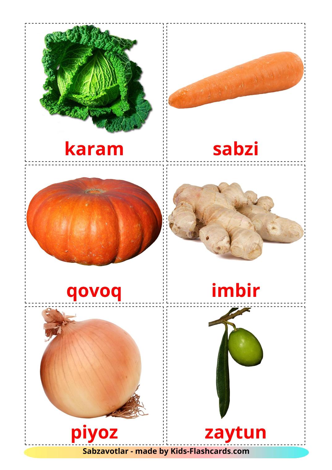 Vegetables - 29 Free Printable uzbek Flashcards 