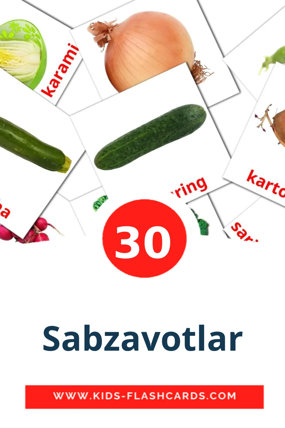 30 tarjetas didacticas de Sabzavotlar para el jardín de infancia en uzbeko