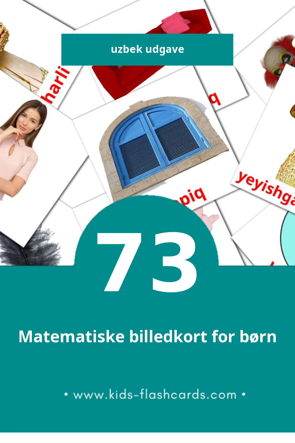 Visuelle billedkort for børn om Sifatlar til småbørn (73 kort på Uzbek)