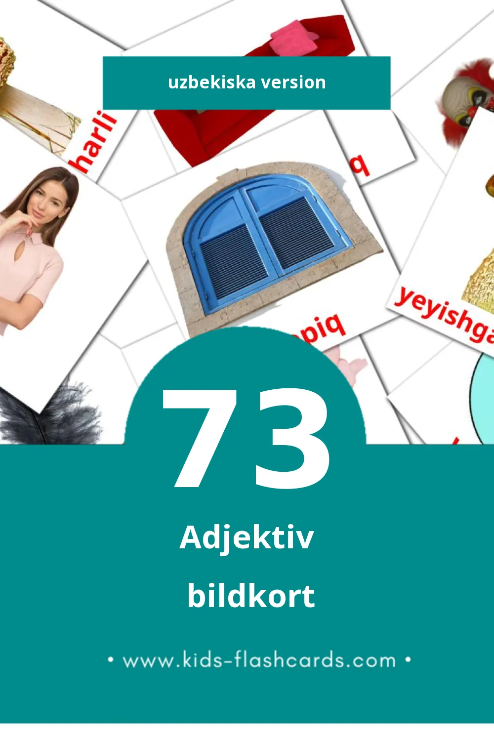 Visuella Sifatlar för småbarn (73 bildkort för barn på Uzbekiska)