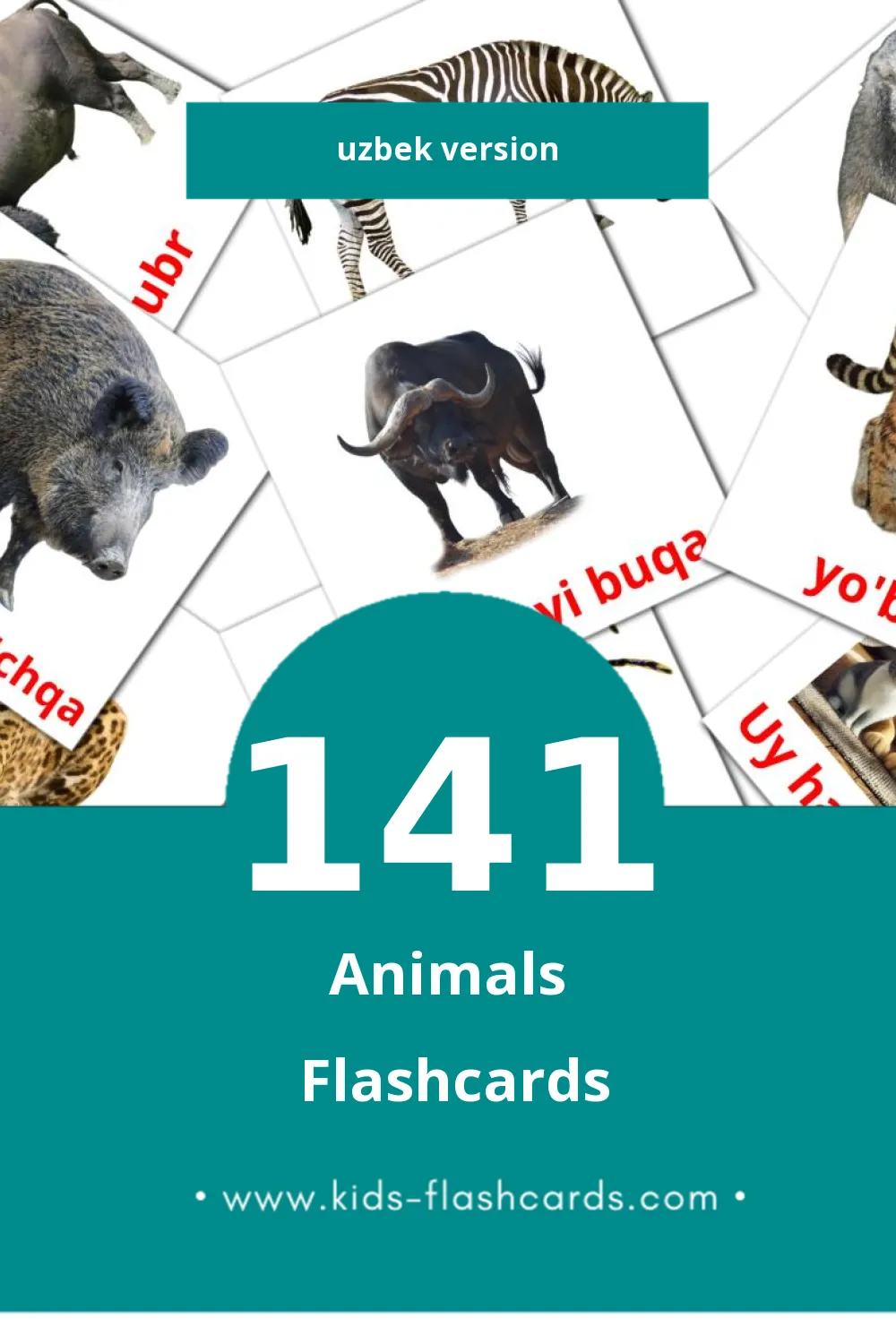 Visual Hayvonlar Flashcards for Toddlers (141 cards in Uzbek)