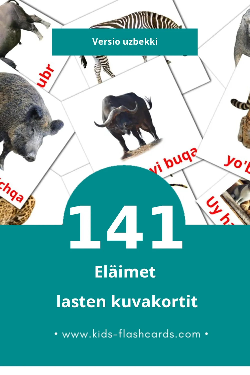 Hayvonlar lasten kuvakortit pikkulapsille (141 korttia Uzbekkiksi)