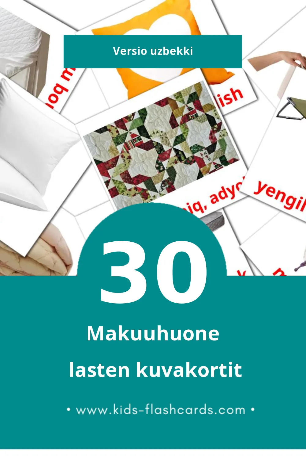 Yotoqxona lasten kuvakortit pikkulapsille (30 korttia Uzbekkiksi)