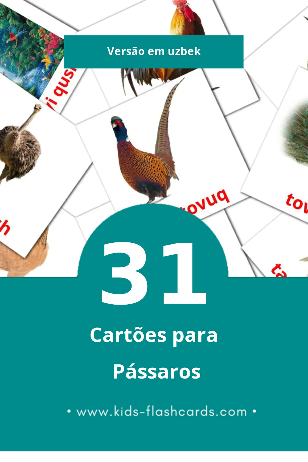 Flashcards de Qushlar Visuais para Toddlers (31 cartões em Uzbek)