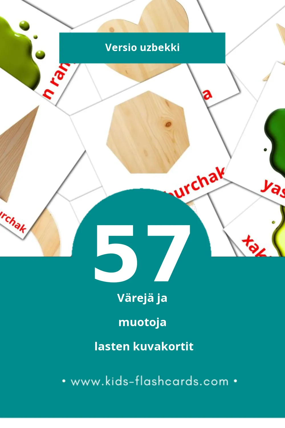 Ranglar va shakllar lasten kuvakortit pikkulapsille (57 korttia Uzbekkiksi)