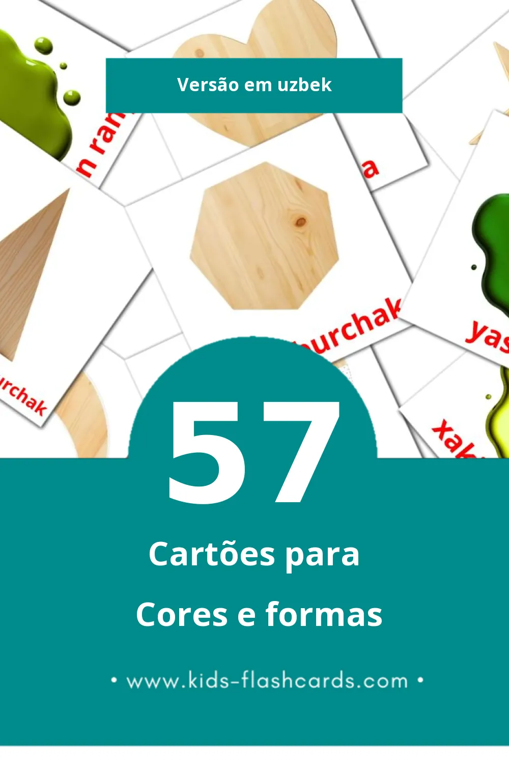 Flashcards de Ranglar va shakllar Visuais para Toddlers (57 cartões em Uzbek)