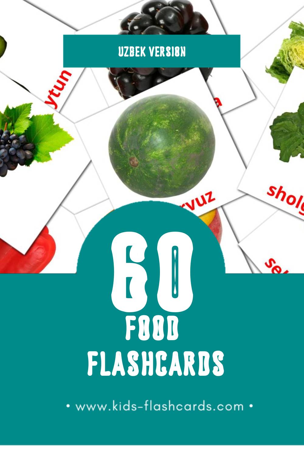 Visual ovqat Flashcards for Toddlers (60 cards in Uzbek)