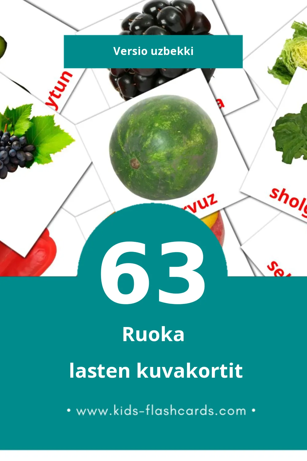 Ovqat lasten kuvakortit pikkulapsille (63 korttia Uzbekkiksi)