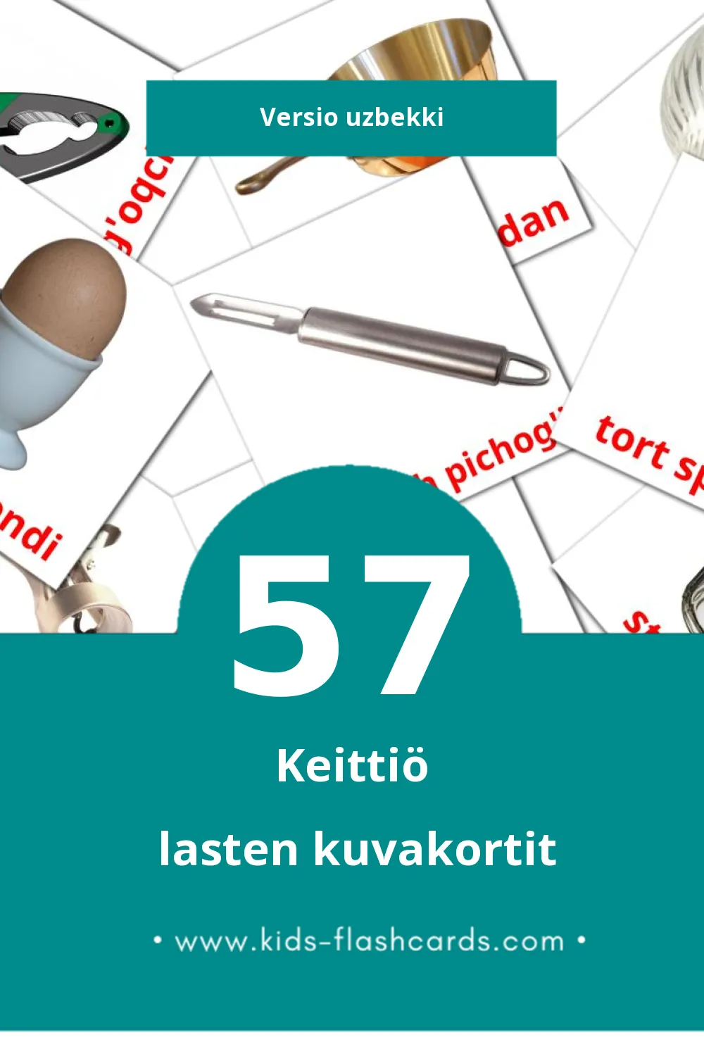 Oshxona lasten kuvakortit pikkulapsille (57 korttia Uzbekkiksi)
