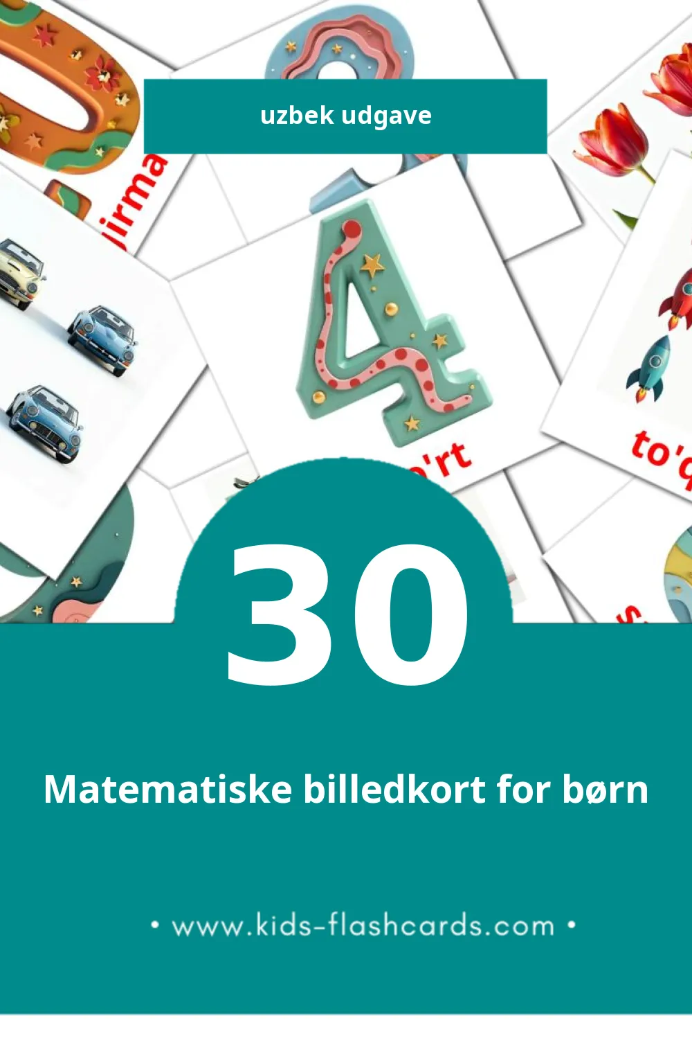 Visuelle billedkort for børn om Matematika til småbørn (30 kort på Uzbek)