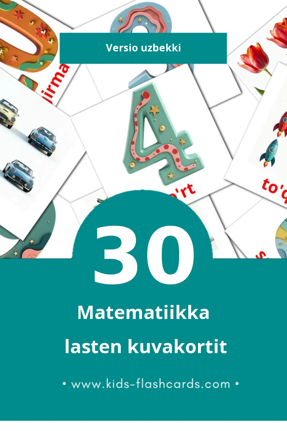 Matematika lasten kuvakortit pikkulapsille (30 korttia Uzbekkiksi)