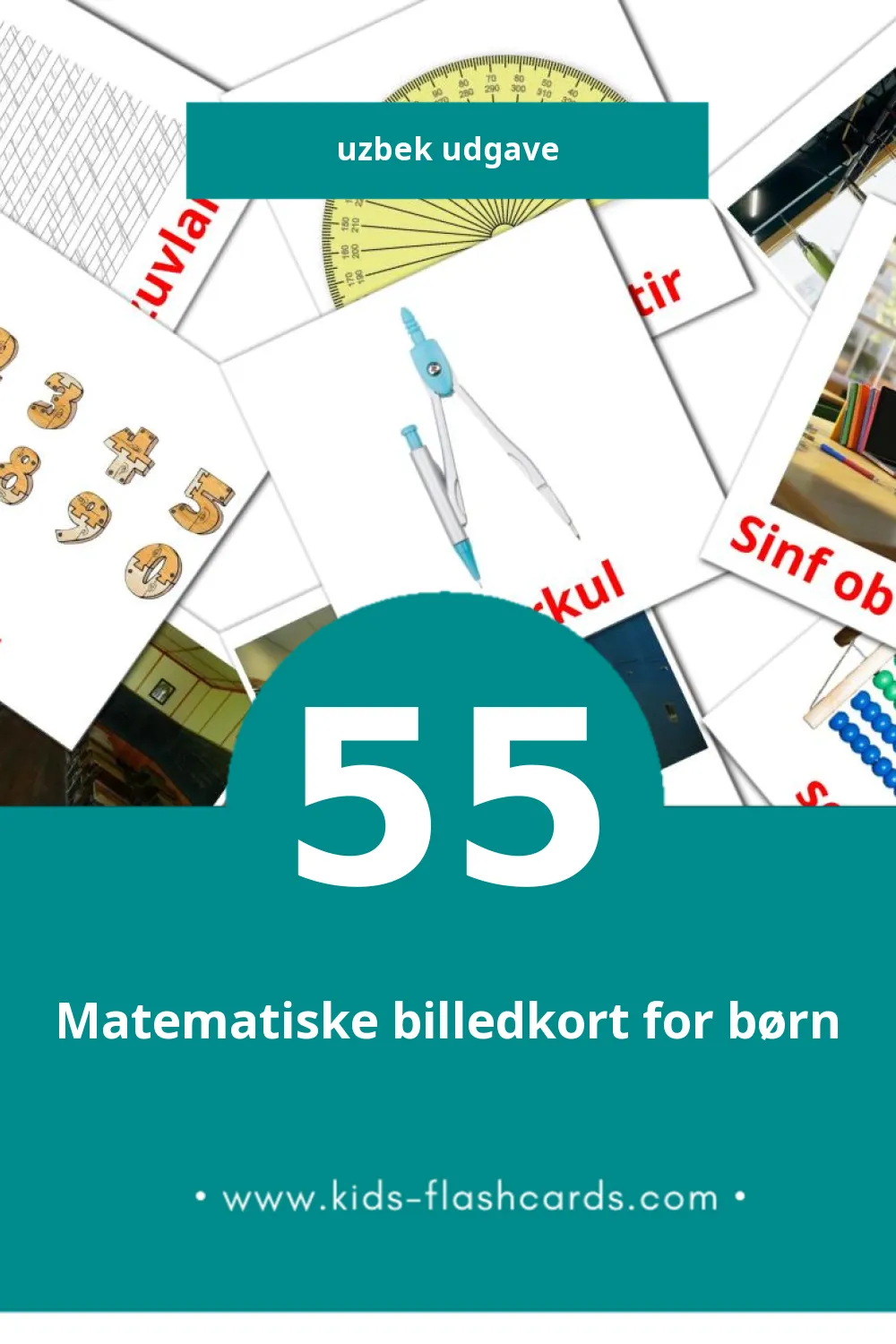 Visuelle billedkort for børn om Maktab til småbørn (55 kort på Uzbek)