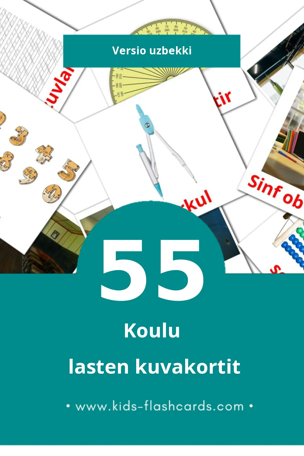 Maktab lasten kuvakortit pikkulapsille (55 korttia Uzbekkiksi)