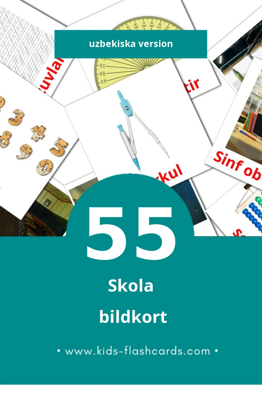Visuella Maktab för småbarn (55 bildkort för barn på Uzbekiska)