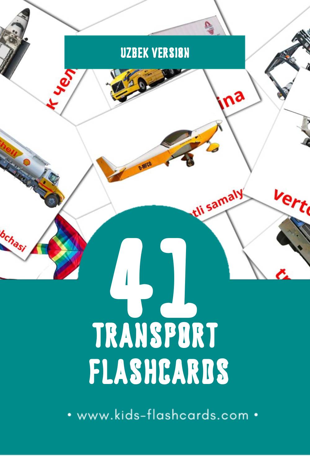 Visual Transport Flashcards for Toddlers (42 cards in Uzbek)