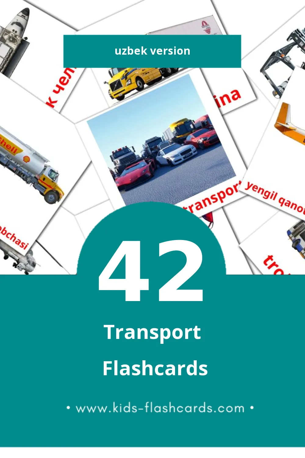 Visual Transport Flashcards for Toddlers (42 cards in Uzbek)