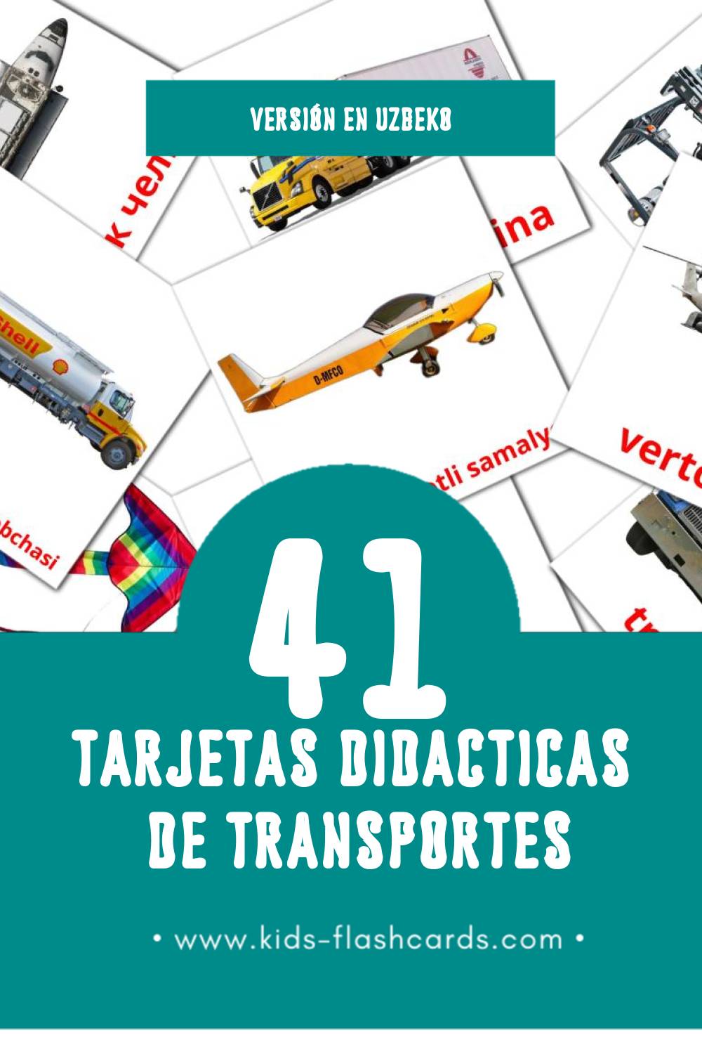 Tarjetas visuales de Transport para niños pequeños (41 tarjetas en Uzbeko)