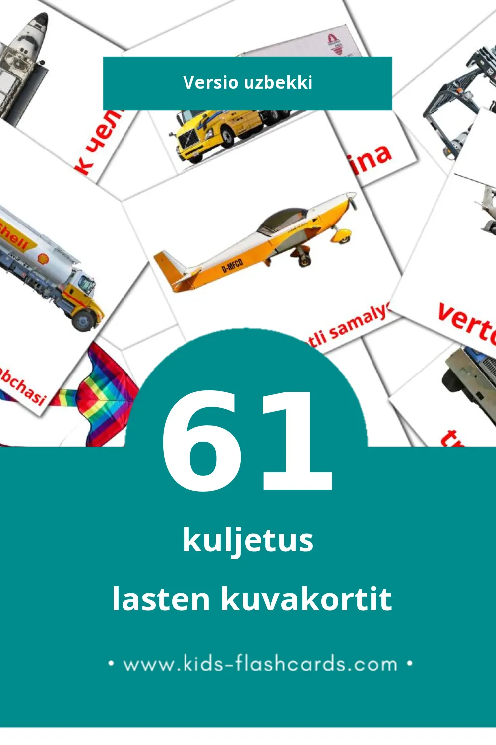 Transport lasten kuvakortit pikkulapsille (61 korttia Uzbekkiksi)