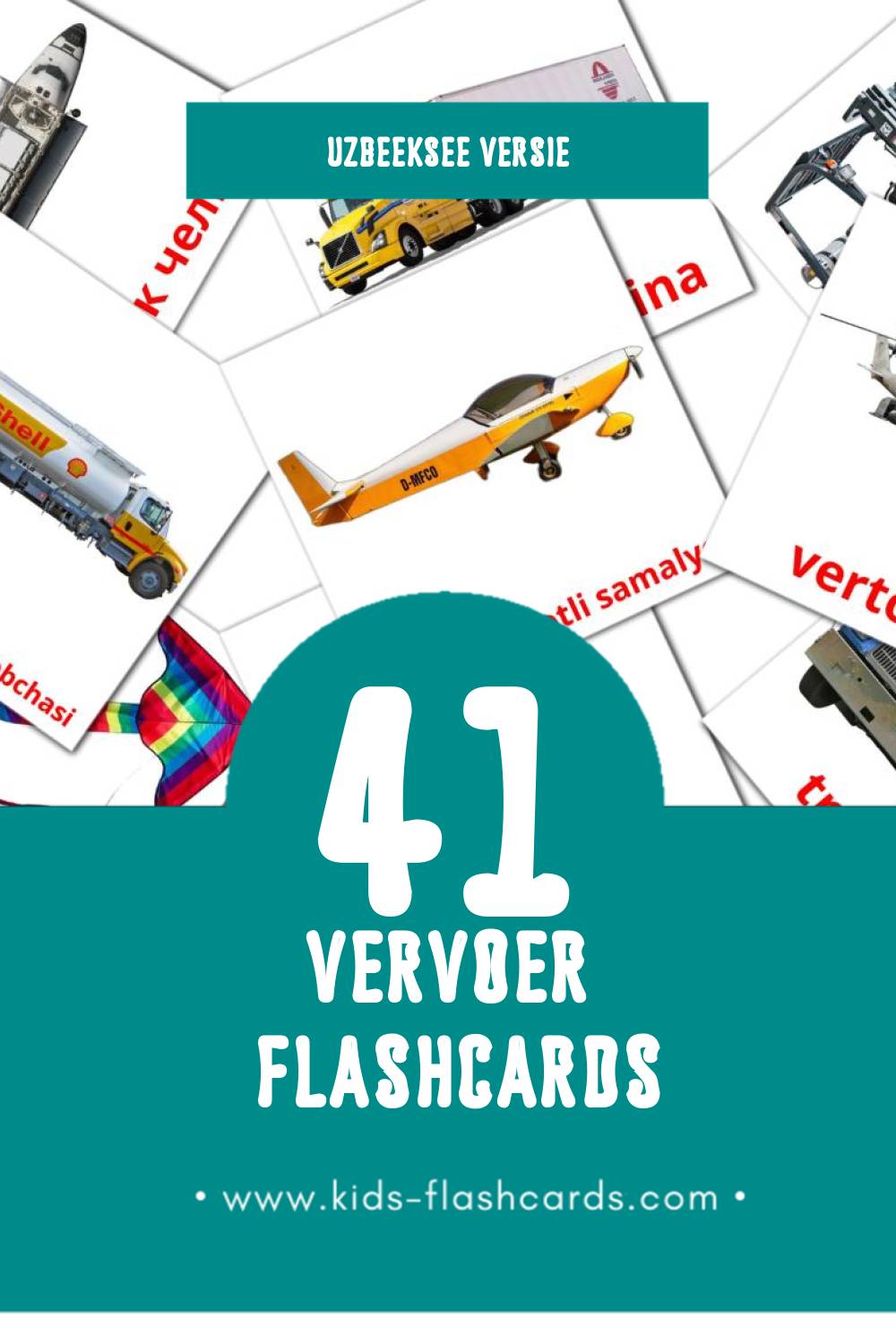 Visuele Transport Flashcards voor Kleuters (41 kaarten in het Uzbeekse)