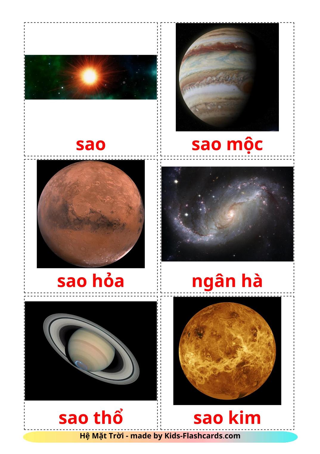 Sistema solare - 21 Flashcards vietnamitaes gratuitos para impressão