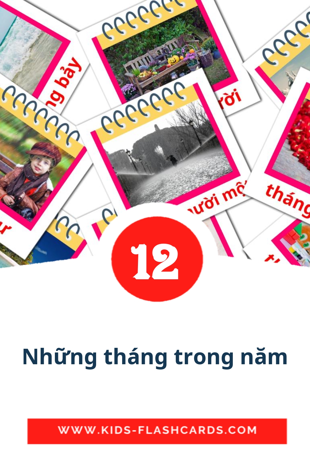 12 cartes illustrées de Những tháng trong năm pour la maternelle en vietnamien