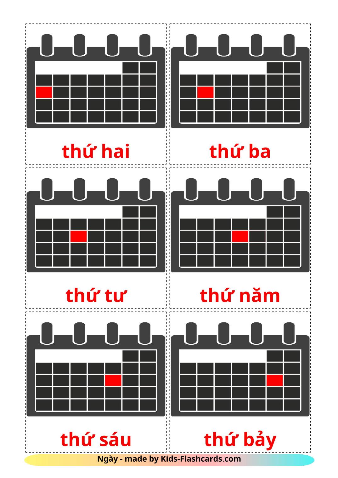 Dias da Semana - 12 Flashcards vietnamitaes gratuitos para impressão