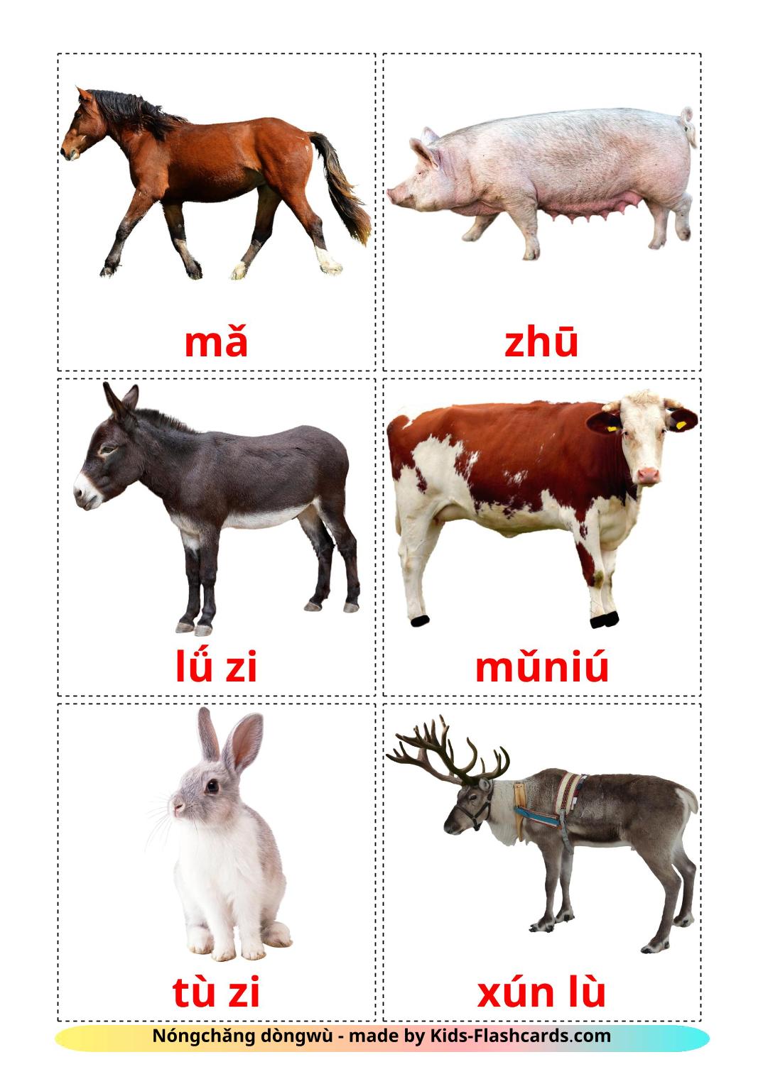 Animali da fattoria - 15 flashcards pinyin stampabili gratuitamente