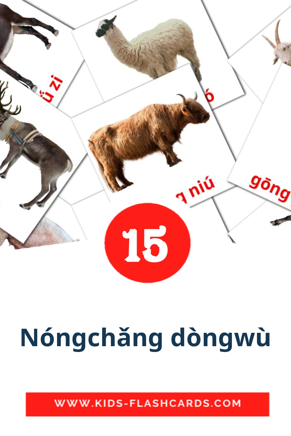 15 Cartões com Imagens de Nóngchǎng dòngwù para Jardim de Infância em pinyin