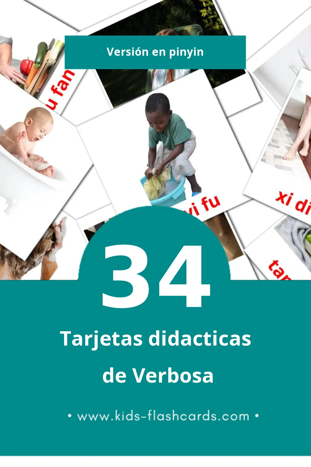 Tarjetas visuales de dongci para niños pequeños (34 tarjetas en Pinyin)
