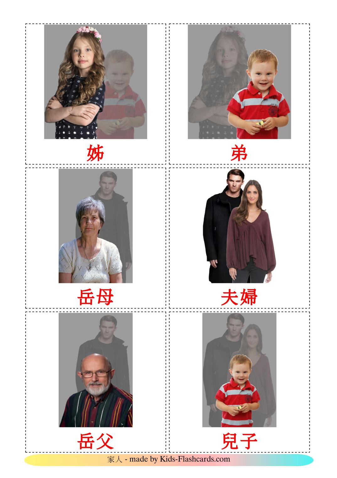 Miembros de la Familia - 32 fichas de chino(tradicional) para imprimir gratis 