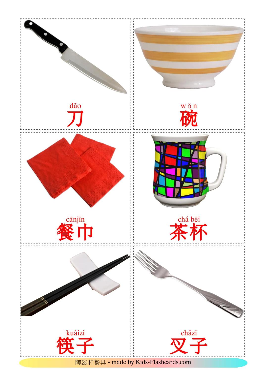 Crockery and cutlery - 26 Free Printable chinese(Simplified) Flashcards 