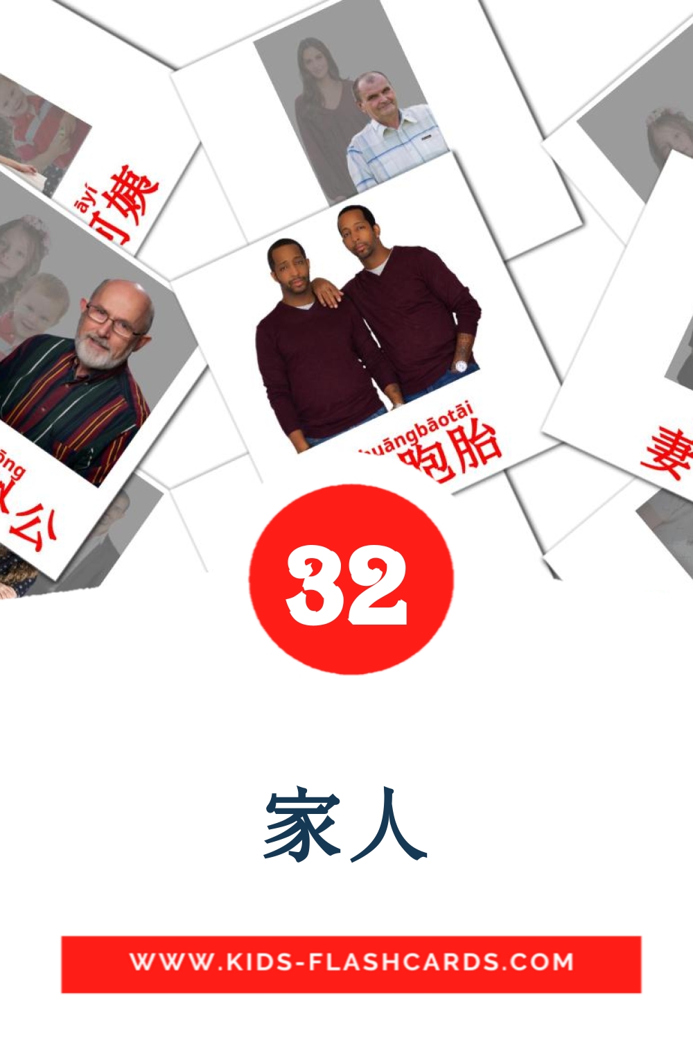 32 家人 fotokaarten voor kleuters in het chinees(vereenvoudigd)