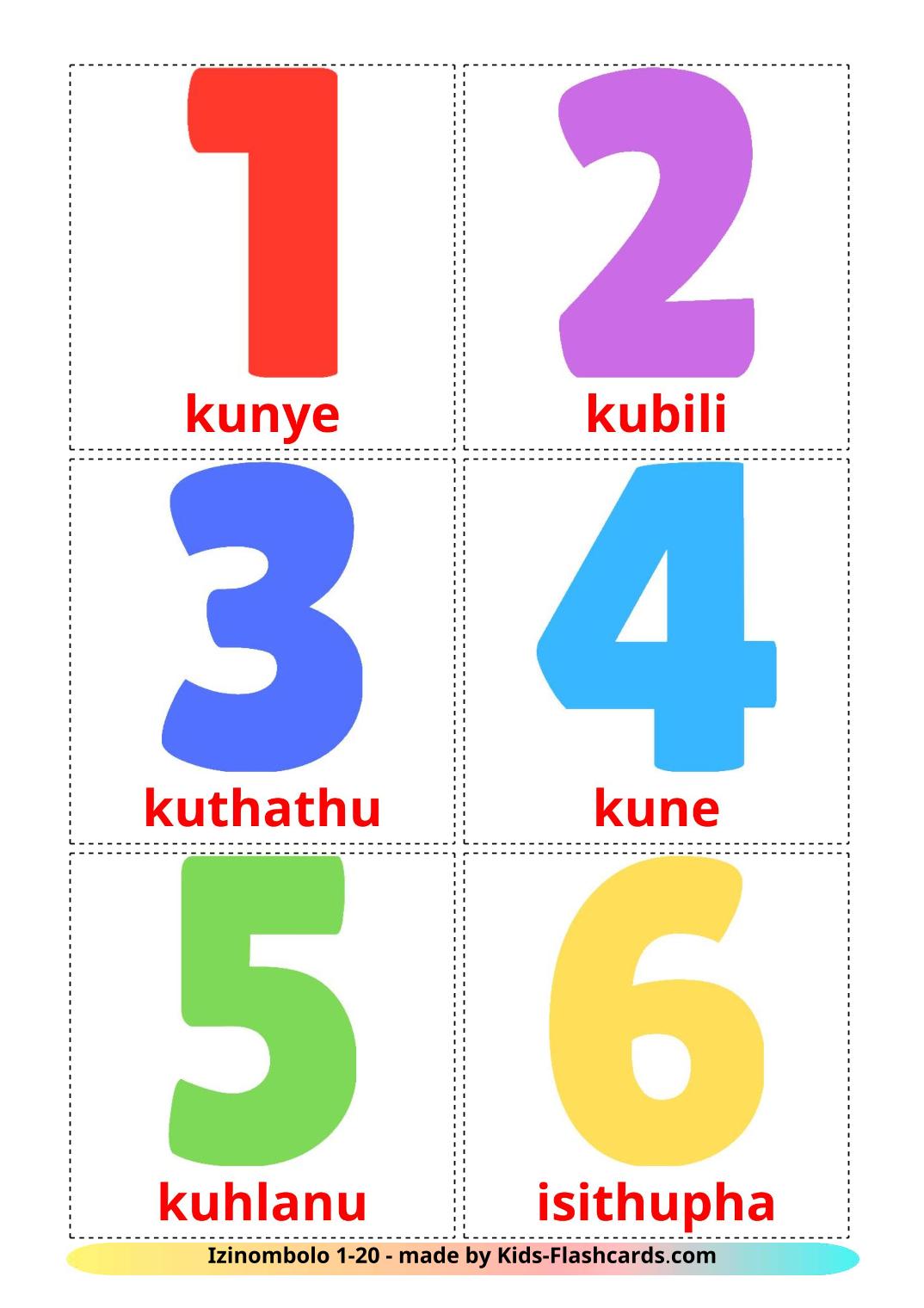 Numbers (1-20) - 20 Free Printable zulu Flashcards 