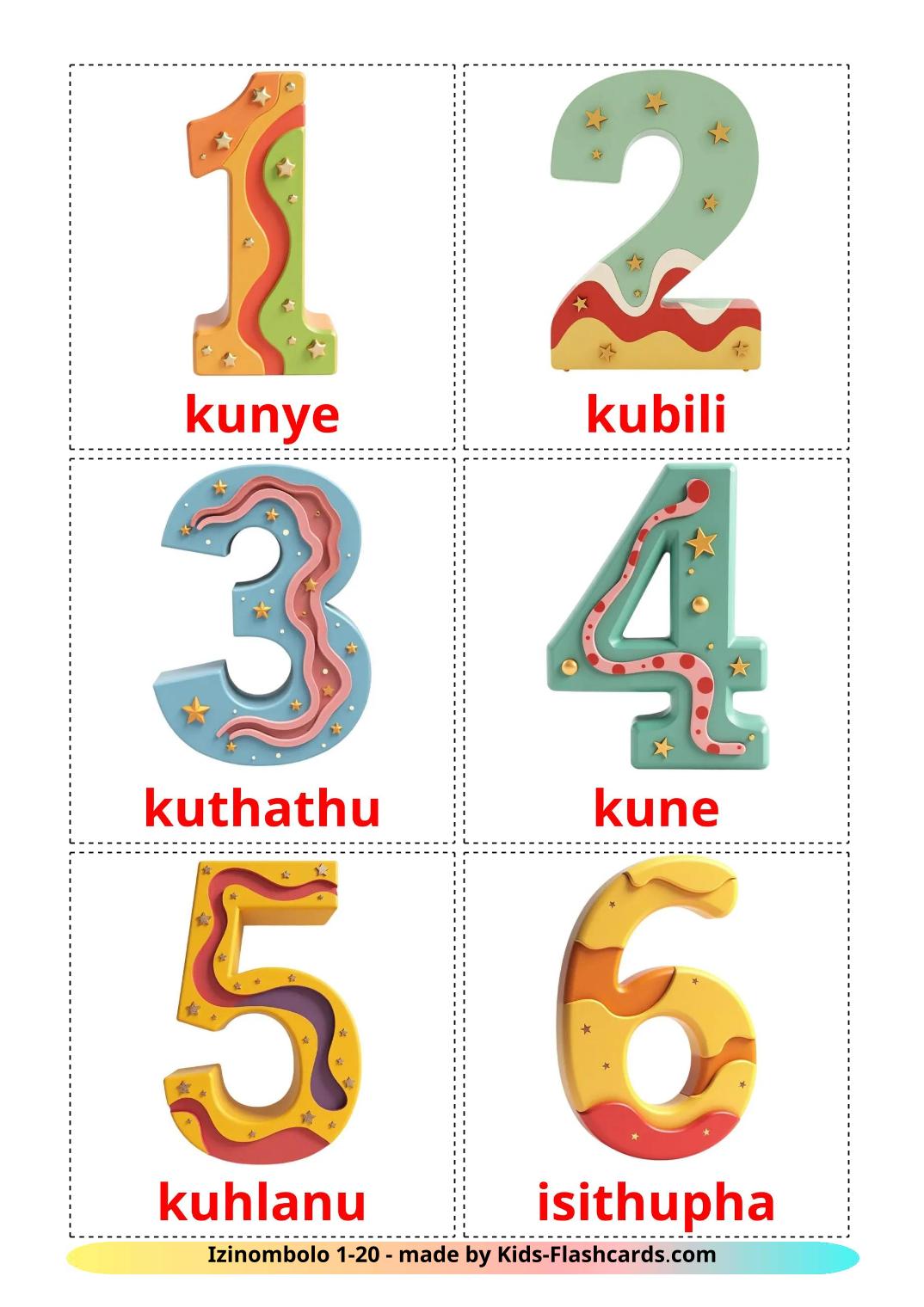 Numbers (1-20) - 20 Free Printable zulu Flashcards 