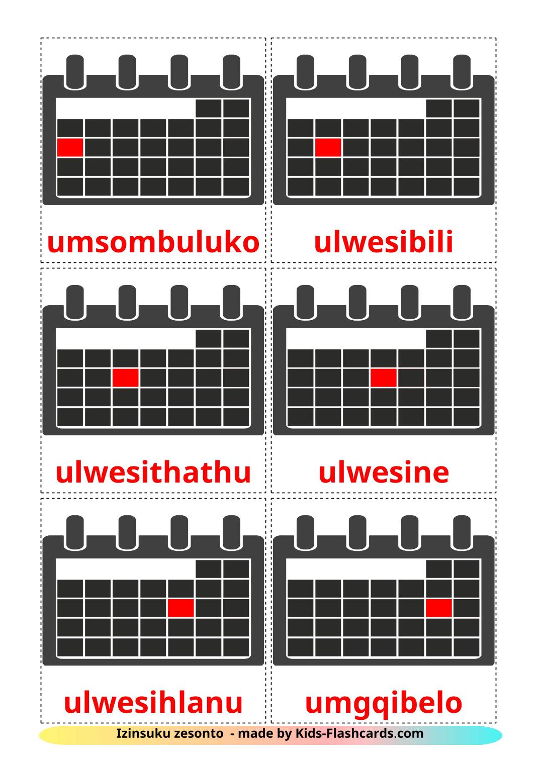 Giorni della settimana - 12 flashcards zulu stampabili gratuitamente