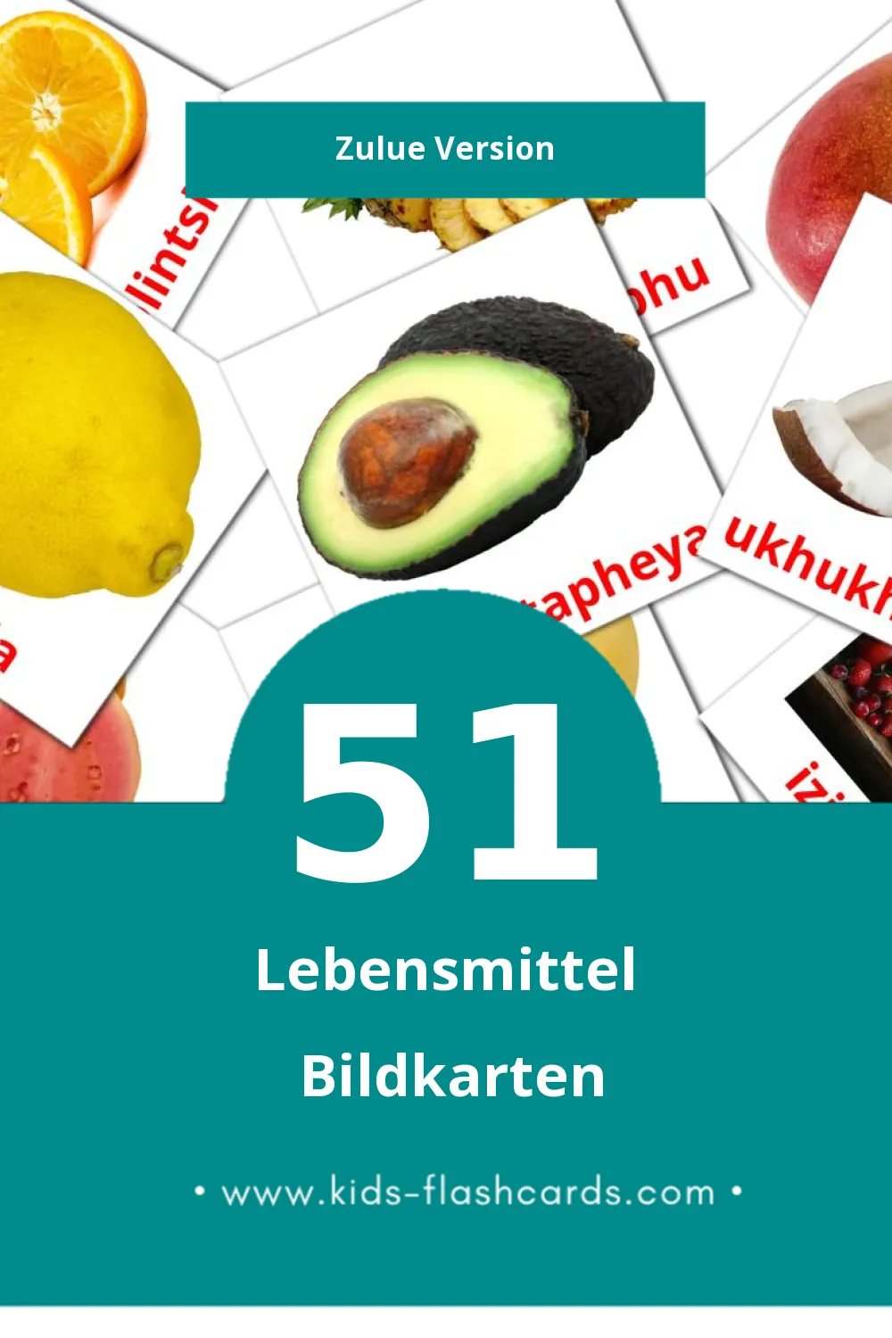 Visual ukudla Flashcards für Kleinkinder (51 Karten in Zulu)