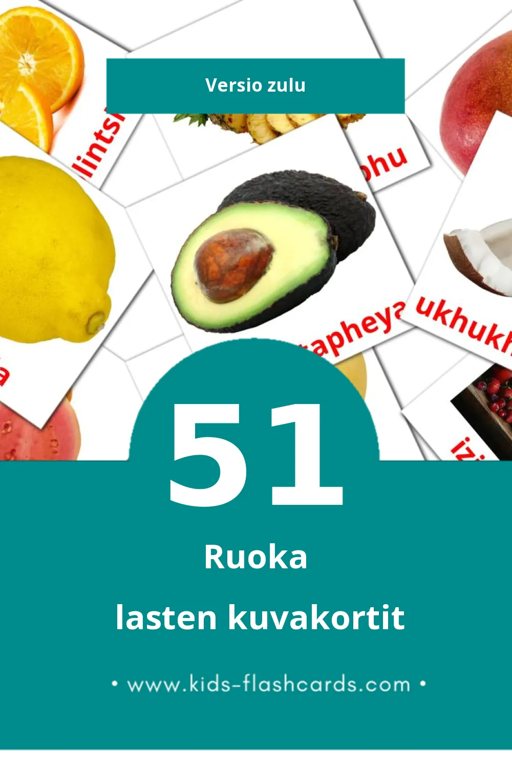 ukudla lasten kuvakortit pikkulapsille (51 korttia Zuluksi)