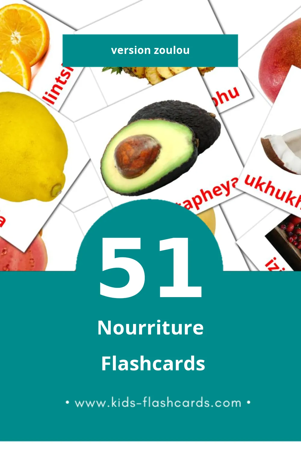 Flashcards Visual ukudla pour les tout-petits (51 cartes en Zoulou)