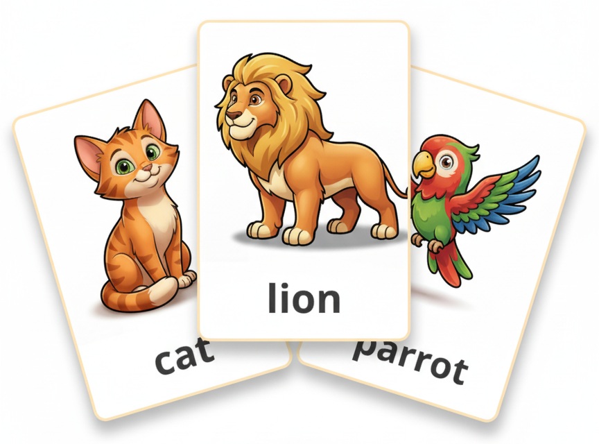 Parent sitting with toddler using printed cartoon animal flashcards on the floor.