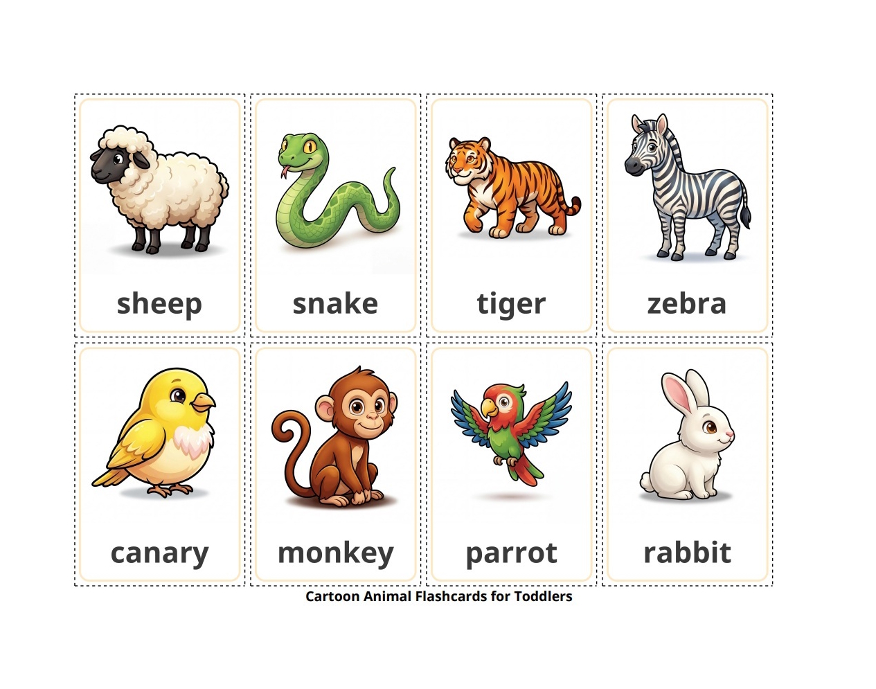 Preview of all 32 animal flashcard words arranged in four colourful themed groups.